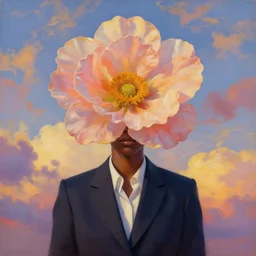 portrait, giant flower as head, black woman in a suit, surreal photography, golden hour, colorful clouds, impressionist painting, digital painting, artstation, simon stalenhag