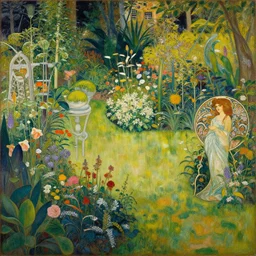 a painting of a beautiful garden, isometric view, painted by alphonse mucha and hieronymus bosch and hasui kawase, dramatic lighting, vivid colours.