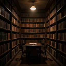 a dark library room with a dim light.