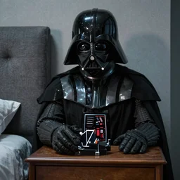 darth vader taking off his helmet and placing it down on a nightstand after a long and exhausting day of work
