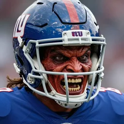 close up of a grotesque demon wearing a New York Giants football helmet