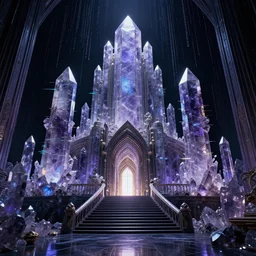 thermal vision glitchcore glitch art the entrance to an imposing and magnificent amethyst quartz crystal palace beautiful architecture stairway ultra detailed 8 k, ultra hd, night with a light from the window, against a matrix background, all black room and setting, glitch art, trending on artstation, high detail, 8 k, cgsociety, hypermaximalist, octane render, cinematic lighting, post apocalyptic, data, code, mutek, nervous system, parametric, octane render, sci fi, glitch