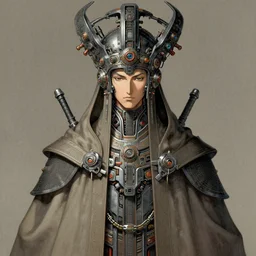 a portrait of a futuristic scifi technopriest, long robes, highly advanced technology, elaborate headdress, matte illustration by yoshitaka amano