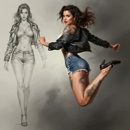 tattooed pinup girl jenna bush wearing a jacket and ripped shorts running and jumping, character sheet, character design,, contrast, deep focus, turnaround, highly detailed, dramatic lighting, digital painting, artstation, concept art, matte, sharp focus, illustration, elegant, art by artgerm and greg rutkowski and alphonse mucha.