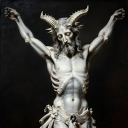 portrait of white ribbed jesus christ baphomet covered with ribs white mechanical spines white muscle tissue ribbed spiky horns, lucid dream - like heavy atmosphere, baroque painting, harsh flash photo, perfect composition, detailed octane render trending on artstation, 8 k artistic photography, volumetric cinematic perfect light, chiaroscuro, masterpiece, raphael, caravaggio, beksinski, rutkowsk