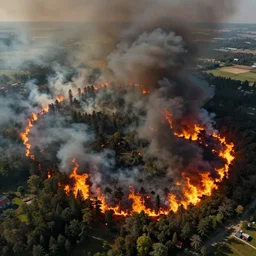 overhead view of an large area with forest fires, pollution, climate change, octane render,