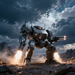 an armored core v, booster flares, legs, laser rifles, karst landscape, dark blue sky, heavy clouds ; cinematic contrast, dynamic backlighting, sharp edge, motion blur ; art by greg rutkowski,