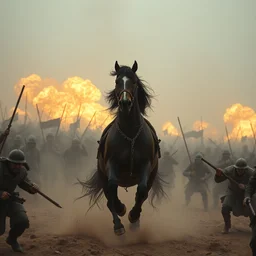 an horse attacking a horde of humans in a battlefield, explosions, foggy, dust, dirt, cinematography, photography, realistic, detailed,