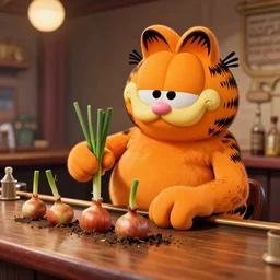 Garfield with orange hair planting onions in a bar, 1960s Cartoon, Hyperrealistic