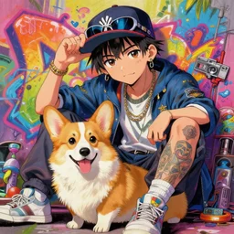 beautiful anime painting of hiphop solarpunk summertime chill with corgi, by gaston bussiere, j. c. leyendecker, craig mullins. trending on artstation, 8 k, masterpiece, graffiti paint, fine detail, full of color, intricate detail, golden ratio illustration, face enhance
