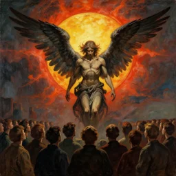 an apocalypse angel in front of a dying sun a crowd of people looking at him by zdzisław beksiński, Trending on artstation