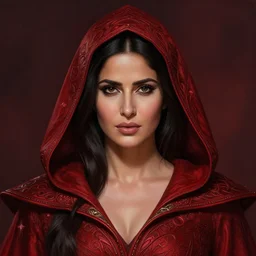 head-on centered symmetrical painted portrait, Katrina Kaif as a D&D Storm Sorcerer, hood, intricate fantasy red robes, fantasy, intricate, elegant, highly detailed, digital painting, smooth, sharp focus, illustration, dramatic lighting, artstation, in the style of Artgerm and Anna Podedworna and Alex Ross