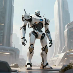 Amazing photorealistic digital concept art of a guardian robot in a futurstic city, by James Clyne and Joseph Cross. Cinematic. Wide angle. Clean lines. Balanced composition.