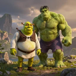 shrek and the hulk are best friends, wide shot, dramatic lighting, octane render, hyperrealistic, HD