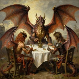 winged dragons sitting around a table playing dnd, painting by cassius marcellus coolidge