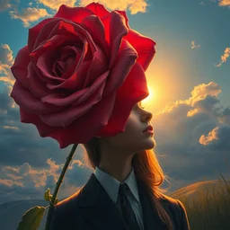 closeup, giant rose flower head, portrait, girl with suit, surreal photography, sunrise, blue sky, dramatic light, impressionist painting, digital painting, artstation, simon stalenhag