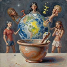 it's compressed, morphed, ridiculed, changed, time traveled as impossible concepts, love, hate, feelings, thoughts, people, for lack of a better way to describe it, every single thing in the universe at once, no stars, no planets, was placed in to the same painting, oily painting, digital, artificial, traditional, artisanal pottery cleansing, real,