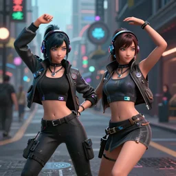 Two sexy cyberpunk girls dance in the street High definition, three-dimensional image, volumetric light, detailed details,
