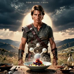 tom cruise as conan the barbarian, molecular gastronomy, in the style of weird science movie poster artwork