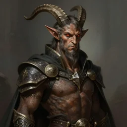 a male brown-skinned Tiefling Hexblade with small goat horns and a cape, D&D, fantasy, intricate, cinematic lighting, highly detailed, digital painting, artstation, concept art, smooth, sharp focus, illustration, art by Artgerm and Greg Rutkowski and Alphonse Mucha