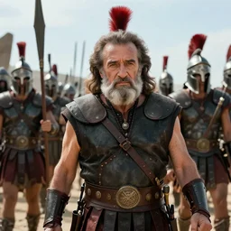 Danny Devito as Leonidas, with Leonidas beard, leading Spartans into battle at Battle of Thermopylae, in screenshot from the 300 movie