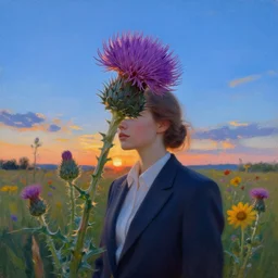 thistle flower under head, a girl in a suit in field of flowers, surreal photography, sunrise, blue sky, dramatic light, impressionist painting, digital painting, artstation, simon stalenhag