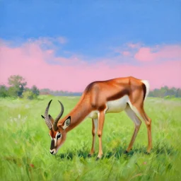 impala drinking morning dew, green grass, blue and pink sky, stars, oil painting