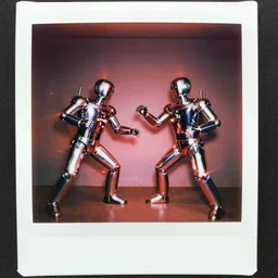 analog vintage photography portrait polaroid of chrome robots fighting in ww 1, red color bleed, heavy film grain, bloom, glow