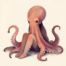 a sad humanoid octopus girl with tentacles instead of limbs sitting on the floor, illustration by Martine Johanna