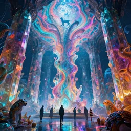 interior mythical crystal temple, strange animal silhouettes, fractal waves, synthwave, bright neon colors, highly detailed, cinematic, eyvind earle, tim white, philippe druillet, roger dean, ernst haeckel, lisa frank, aubrey beardsley, kubrick