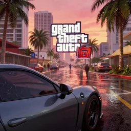 still next - gen ps 5 game grand theft auto 6 2 0 2 4 remaster, graphics mods, rain, red sunset, people, rtx reflections, gta vi, miami, palms and miami buildings, photorealistic screenshot, unreal engine, 4 k, 5 0 mm bokeh, close - up generic sports car, gta vice city remastered, artstation