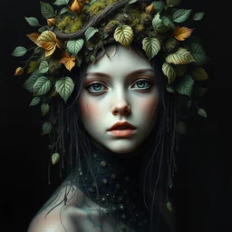 a portrait of beautiful girl by irakli nadar with intricate detailed in a black background, moss and leaves headdress, melting wax, mycelia, abstract impressionism, ruan jia, dark fantasy, hyper detailed, concept art, by gustav klimt, by sue bryce, moody lighting