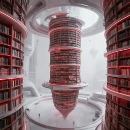 concept art of a science fiction infinite library, planet library, library infinity, science fiction, red neons, brutalism, white and grey