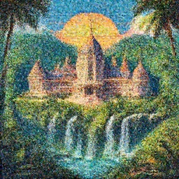 A big palace in a tropical forest with waterfalls, retrowave art,digital art trending on art station