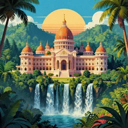 A big palace in a tropical forest with waterfalls, retrowave art,digital art trending on art station