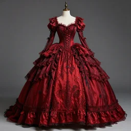 crimson gothic rococo gown. photorealistic. 8 k. lot of details.