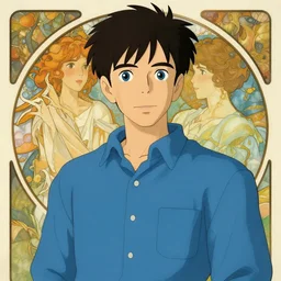 well - lit art nouveau portrait of a young man with short black hair, blue eyes, blue long sleeved button down shirt, natural lighting, path traced, highly detailed, high quality, cartoon, digital painting, by don bluth and ross tran and studio ghibli and alphonse mucha