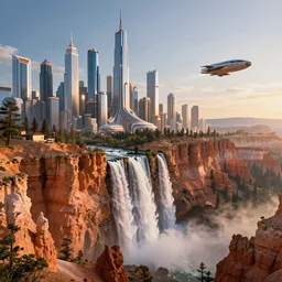 a futuristic utopian metropolitan city of shiny buildings and spires sits at the edge of a beautiful cliff like bryce canyon with epic waterfalls cascading down below causing mist at the bottom, a large spacecraft flies nearby, sharp details, photorealistic, octane render, golden hour, cinematic lighting, immense scale