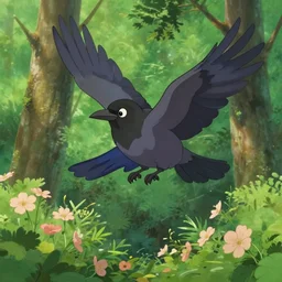 a wholesome animation key shot of a cute stripe colored raven flying above the forest, studio ghibli, pixar and disney animation, sharp, rendered in unreal engine 5, anime key art by greg rutkowski, bloom, summer lighting