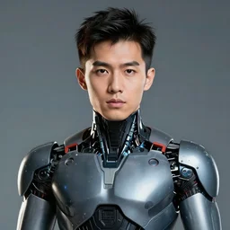 portrait of a asian male android, by MARVEL comics and Sandra Chevrier