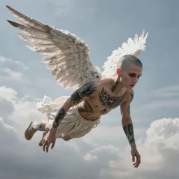very attractive beautiful androgynous fallen angel with shaved head on one side and with tattoos on his body falling through the sky, beautiful, hd, high detailed, 4 k, art by greg rutkowski