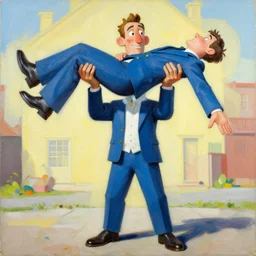greg manchess portrait of dobby the house holding the body of a man in a blue suit over his head, organic painting, sunny day, matte painting, bold shapes, hard edges, street art, trending on artstation, by huang guangjian, gil elvgren, ruan jia, randy vargas, greg rutkowski