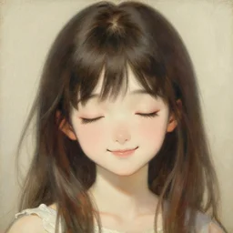 a detailed portrait of am adorable anime girl, cute smile, eyes closed, painting by gaston bussiere, craig mullins, j. c. leyendecker