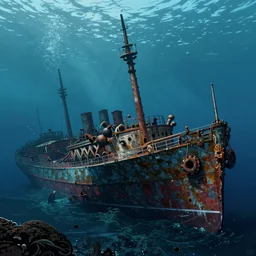 ! deep sea landscape, sunken ship wreck, gustave dore, craig mullins