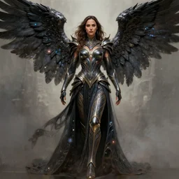 full body center frame digital art, fantasy outfit hero pose of gal gadot as a dark seraphim angelic warrior in futuristic intricate body sculpted cosmic armor and flowey ornate robes, intricately detailed vfx portrait, 8 k, hdr, soft painting. highly detailed, 8 k, hdr, digital art, octane render, neo classical appeal. award - winning, trending on artstation, ann stokes