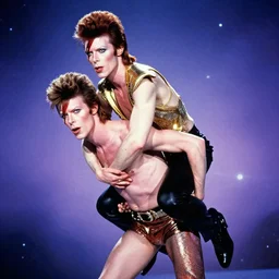 david bowie giving a piggy back ride to ziggy stardust. glam rock. cosmic. chuck close