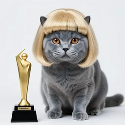 professional photo of a blue cat, blonde wig, real wig, studio lighting, very detailed, unreal engine, canon photo, professional lighting, good composition, winning award photo, real cat, real,