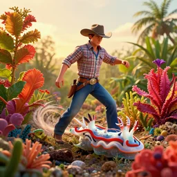 a cowboy turning into blooms in real life. volumetric lighting, beautiful, golden hour, sharp focus, ultra detailed. bold vibrant complementary colors. a cowboy with plants by frank frazetta, kai carpenter, syd mead. tropical sea slugs. 4 k, 3 5 mm, fujifilm, by antonio canova. colorful red white jade