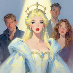 fashion portrait of a beautiful empress, pastel shades of blue and yellow, beautiful face, rule of thirds, spotlight, expressive, passionate, by tom bagshaw, greg rutkowski, by jeremy mann, by francoise nielly, digital painting
