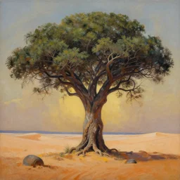 a painting of an epic tree in the desert, an airbrush painting by breyten breytenbach, cgsociety!, neo - primitivism, dystopian art,! apocalypse landscape!!